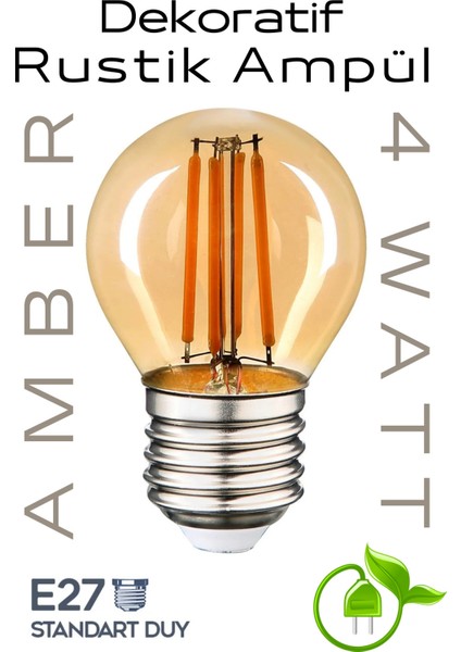 Dekoratif Retro 4W Rustik Ampül Amber Işık E27 Standart Duy 220V Tekli Sarı Işık E27 Rustik Ampul 4