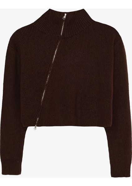 Asimetrik Fermuarlı Triko Kazak Kahverengi