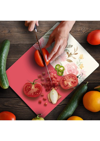 Cam Kesme Tahtası ve Sunumluk ve Sunum Tabağı Vintage Pembe Çiçek 30X40 cm fırsatları