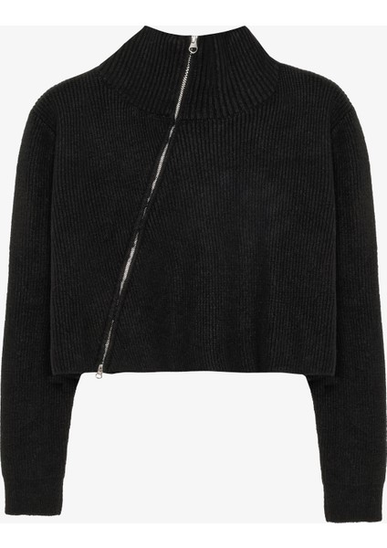 Asimetrik Fermuarlı Triko Kazak Siyah