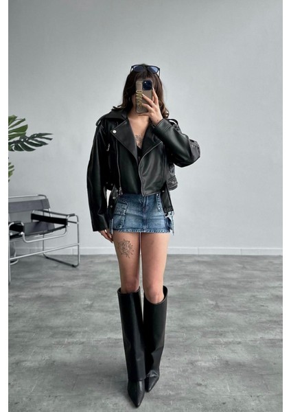 Yeni Sezon Oversize Kadın Siyah Biker Deri Ceket fiyatları