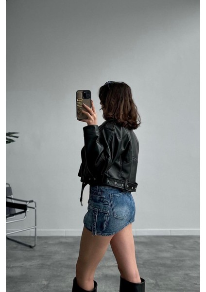 Yeni Sezon Oversize Kadın Siyah Biker Deri Ceket modelleri