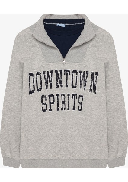 Fermuar Yaka Yazı Baskılı Oversize Sweatshirt Grimelanj