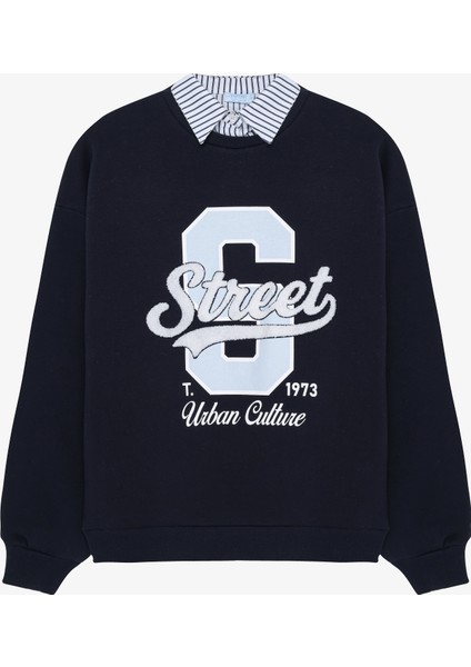 Gömlek Yaka Street Baskılı Oversize Sweatshirt Lacivert