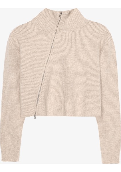 Asimetrik Fermuarlı Triko Kazak Taş