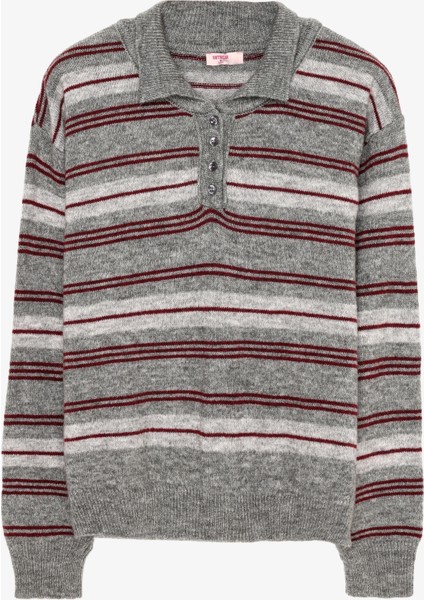 Ribanalı Polo Yaka Çizgili Triko Kazak Gri