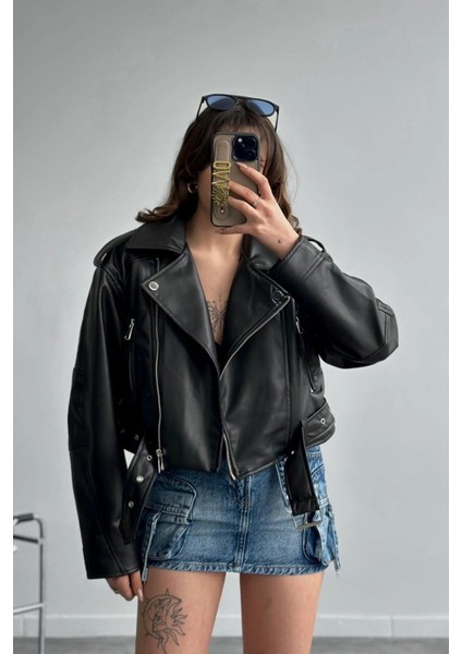 Yeni Sezon Oversize Kadın Siyah Biker Deri Ceket