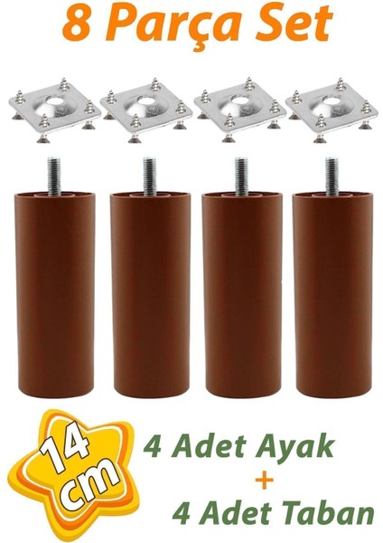 4 Adet Destek Ayağı 14 cm Kahverengi ve 4 Adet Düz Ayak Tabanı M8 Civatalı Ince Diş Kanepe Baza Seti