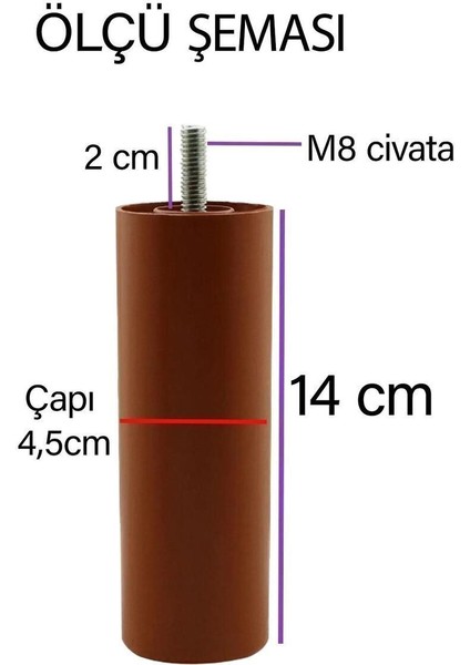 4 Adet Destek Ayağı 14 cm Kahverengi ve 4 Adet Düz Ayak Tabanı M8 Civatalı Ince Diş Kanepe Baza Seti modelleri