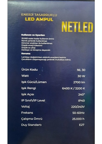 2ADET! 2700 Lümen(Yüksek Işık Gücü) 30 W Enerji Tasarruflu Torch LED Ampul 2'li Beyaz Işık E27 LED A