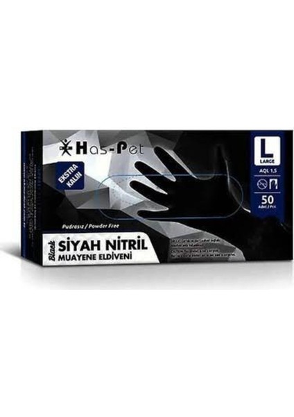 Ekstra Kalın Siyah Nitril Pudrasız Muayene Eldiveni Large 50'li Siyah
