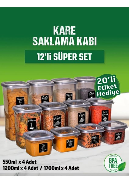 12 Li Kare Erzak Bakliyat Saklama Kabı Seti Baharatlık Mutfak Çeyiz Seti 20 Etiket Hediyeli