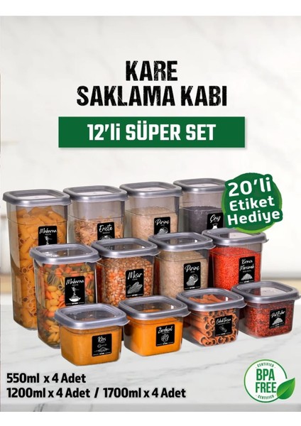 12 Li Kare Erzak Bakliyat Saklama Kabı Seti Baharatlık Mutfak Çeyiz Seti 20 Etiket Hediyeli fiyatları