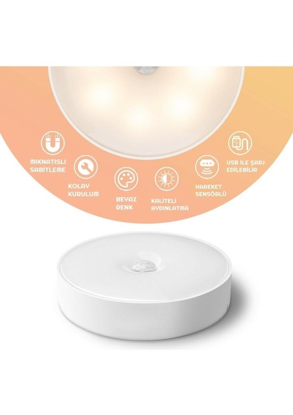 8 Ledli Beyaz Renk Hareket Sensörlü USB Şarjlı LED Işık Lamba Dolap Lambası Ufo Lamba Yok Beyaz Işık