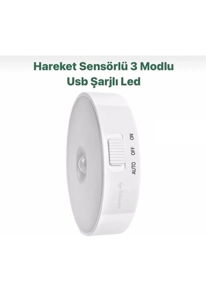 8 Ledli Beyaz Renk Hareket Sensörlü USB Şarjlı LED Işık Lamba Dolap Lambası Ufo Lamba Yok Beyaz Işık