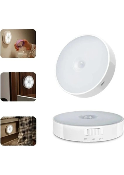 8 Ledli Beyaz Renk Hareket Sensörlü USB Şarjlı LED Işık Lamba Dolap Lambası Ufo Lamba Yok Beyaz Işık