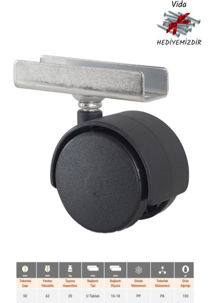 Sehpa Masa Ofis Mobilya Tekeri Çift Tekerli Geçme Teker Tekerlekler Gri