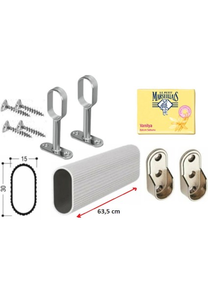 Askılık Borusu Oval 63,5cm +2 Adet Oval Ayaklı Flanş +2 Adet Oval Sabit Flanş + Montaj Vidaları Set