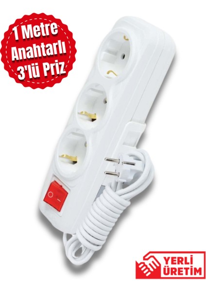 1 Metre 3'lü Anahtarlı Topğraklı Grup Priz 9234 3 Ithalatçı Garantili 1 - 2 M Yok Kablolu Yok Beyaz