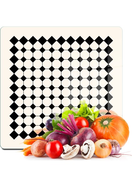 Cam Kesme Tahtası ve Sunumluk Kare Vintage Bej Geometrik Çizgiler 30X30 cm