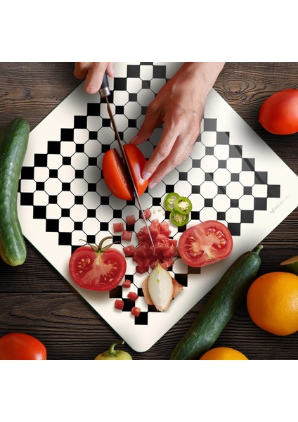 Cam Kesme Tahtası ve Sunumluk Kare Vintage Bej Geometrik Çizgiler 30X30 cm fırsatları