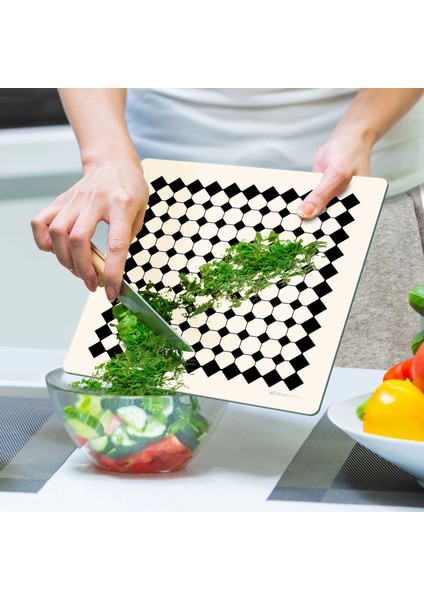 Cam Kesme Tahtası ve Sunumluk Kare Vintage Bej Geometrik Çizgiler 30X30 cm indirimleri