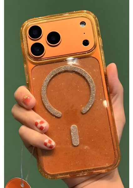 iPhone 17 Pro Max Uyumlu Simli Transparan Turuncu Saydam Arkası Sert Darbe Korumalı Magsafe Kılıf fiyatları