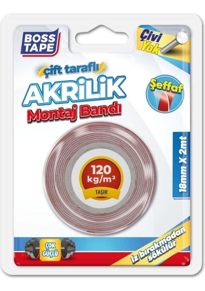 Çok Güçlü Çift Taraflı Akrilik Silikon Şeffaf Montaj Bandı 2 Metre En:1.8cm Hızlı Yapıştırıcı