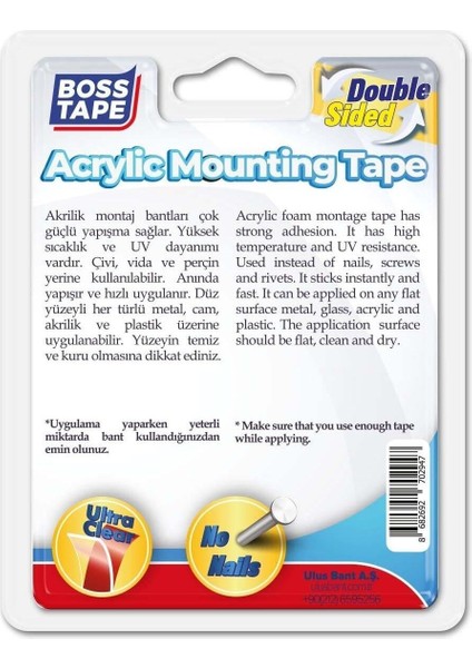 Çok Güçlü Çift Taraflı Akrilik Silikon Şeffaf Montaj Bandı 2 Metre En:1.8cm Hızlı Yapıştırıcı modelleri