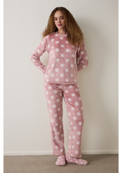 Pembe Pretty Daisies Çiçekli Bisiklet Yaka Uzun Kollu Pijama Takımı