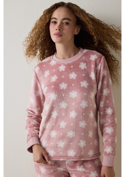 Pembe Pretty Daisies Çiçekli Bisiklet Yaka Uzun Kollu Pijama Takımı fiyatları