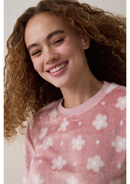 Pembe Pretty Daisies Çiçekli Bisiklet Yaka Uzun Kollu Pijama Takımı modelleri