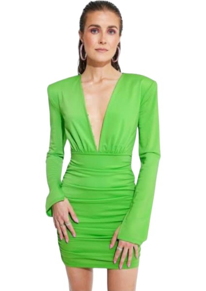 Kadın Vatkalı Uzun Kol Spor Şık V Yaka Vücudu Saran Mini Elbise