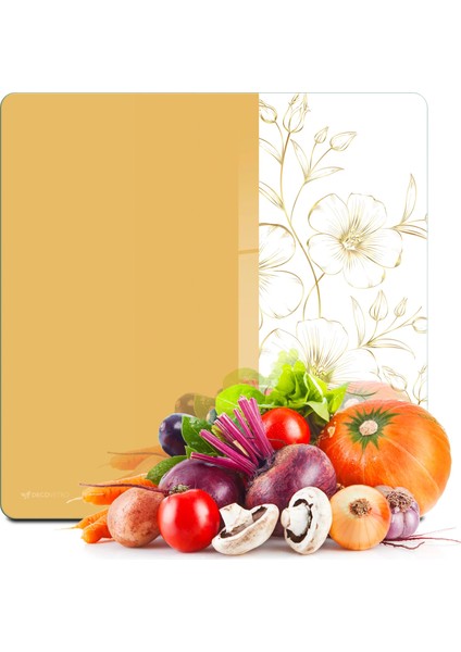 Cam Kesme Tahtası ve Sunumluk Kare Vintage Sarı Çiçek 30X30 cm