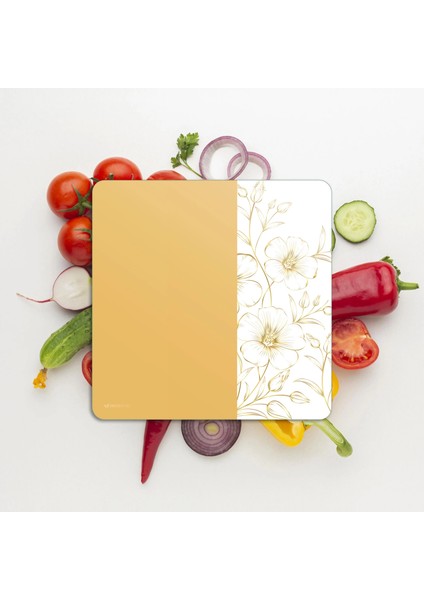 Cam Kesme Tahtası ve Sunumluk Kare Vintage Sarı Çiçek 30X30 cm modelleri