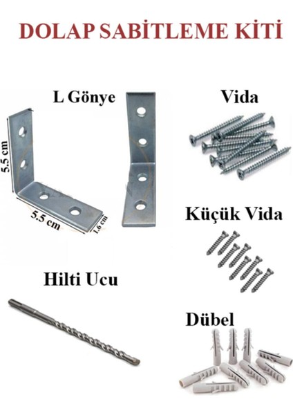 Gri L Demir Dolap Sabitleme 15*55*55 Masa Gönye (10 Adet)+ Vida+ Dubel+ Sds Hilti Ucu 8*210 Mobilya