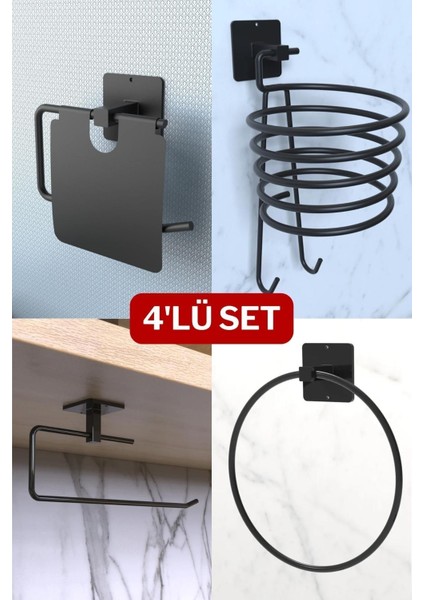 Siyah Yuvarlak Havluluk, Solo Peçetelik, Kapaklı Wclik ve Fönlük, Avantajlı 4'lü Set Siyah