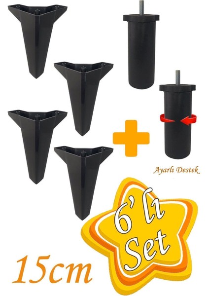 Serdivan 6'lı Set Mobilya Ünite Çekyat Koltuk Kanepe Ayarlı M8 Destek Ayağı 15 cm Siyah Baza Ayak Ma