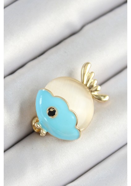 Mineli Turkuaz ve Krem Balık Figürlü Gold Renk Kadın Broş