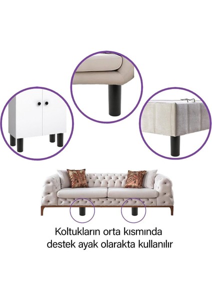 8 Adet Silindir Destek Ayağı 15 cm Siyah Gizli Ayak M8 Civatalı Incediş Mobilya Kanepe Baza Koltuk S modelleri