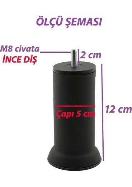4 Adet Metal Destek Ayağı 12 cm Siyah Mobilya Kanepe Baza Koltuk Ayakları Metrik 8 Civatalı Ince Diş modelleri