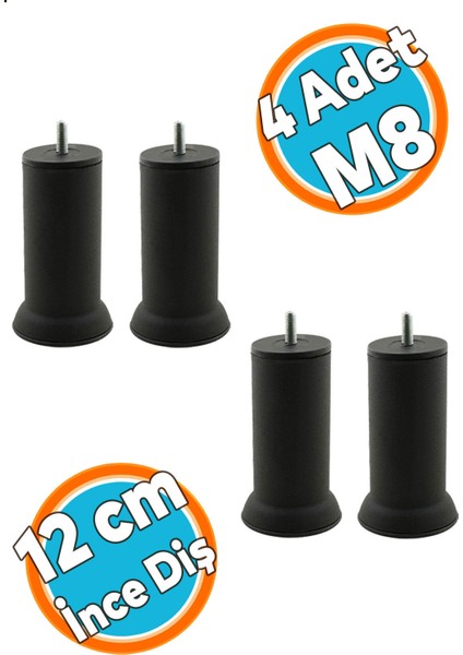Mobilya Yüksletici Baza Metal Kanepe Koltuk Destek Ayağı M8 Civatalı Ince Diş Siyah Metal Ayak 12 cm