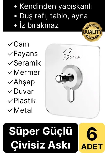 6 Adet Süper Güçlü Kendinden Yapışkanlı Tutunabilen Çok Amaçlı Çerçeve Tablo Banyo Duş Mutfak Askı B