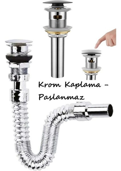 Krom Basmalı Pop-Up Aç Kapa Koku Engelleyici Körüklü Uzayan Lavabo Sifonu Gideri Evye Su Borusu Gide