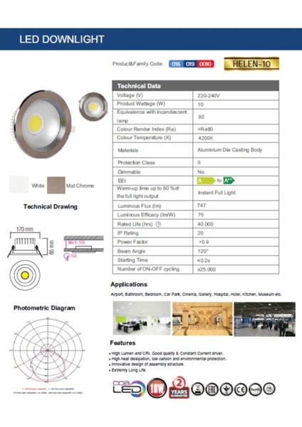 10 Watt Cob LED Downlight Spot Mat Krom Kasa 4200K Yok Gün Işığı Yok 10 Watt A A'dan G'ye ABA66171-D fiyatları