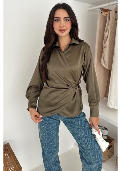 Kadın Saten Yan Bağlamalı Kruvaze Gömlek – Akışkan & Şehirli Stil