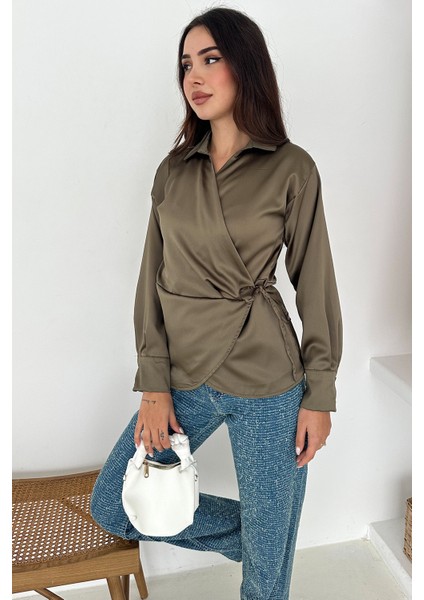 Kadın Saten Yan Bağlamalı Kruvaze Gömlek – Akışkan & Şehirli Stil modelleri
