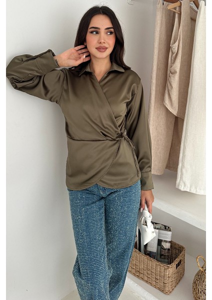 Kadın Saten Yan Bağlamalı Kruvaze Gömlek – Akışkan & Şehirli Stil fırsatları