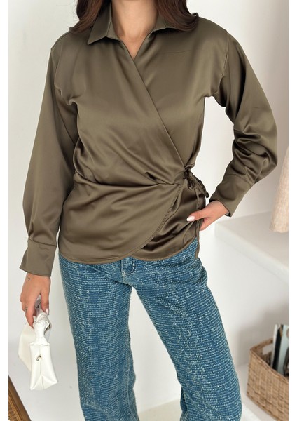 Kadın Saten Yan Bağlamalı Kruvaze Gömlek – Akışkan & Şehirli Stil indirimleri
