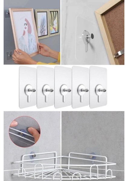 5 Adet Kendinden Yapışkanlı Duvar Kancaları Şeffaf Raf Duvar Askıları Mutfak Banyo Vida Kanca Çivi Ş